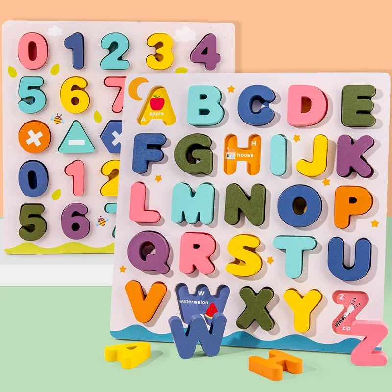 Rompecabezas didáctico de madera –Números y letras 3D